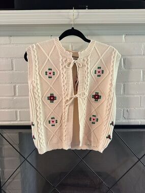 Sincerly Jules Cream Knit Tie-Front Vest with Pink & Red Floral Embroidery